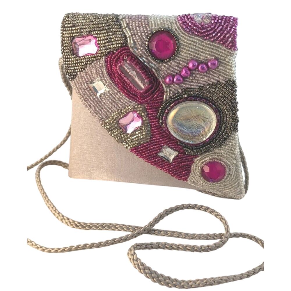 Vtge Nitebags Evening Purse Hand Beadedpink Grey Silver Shoulder Strap Or Clutch